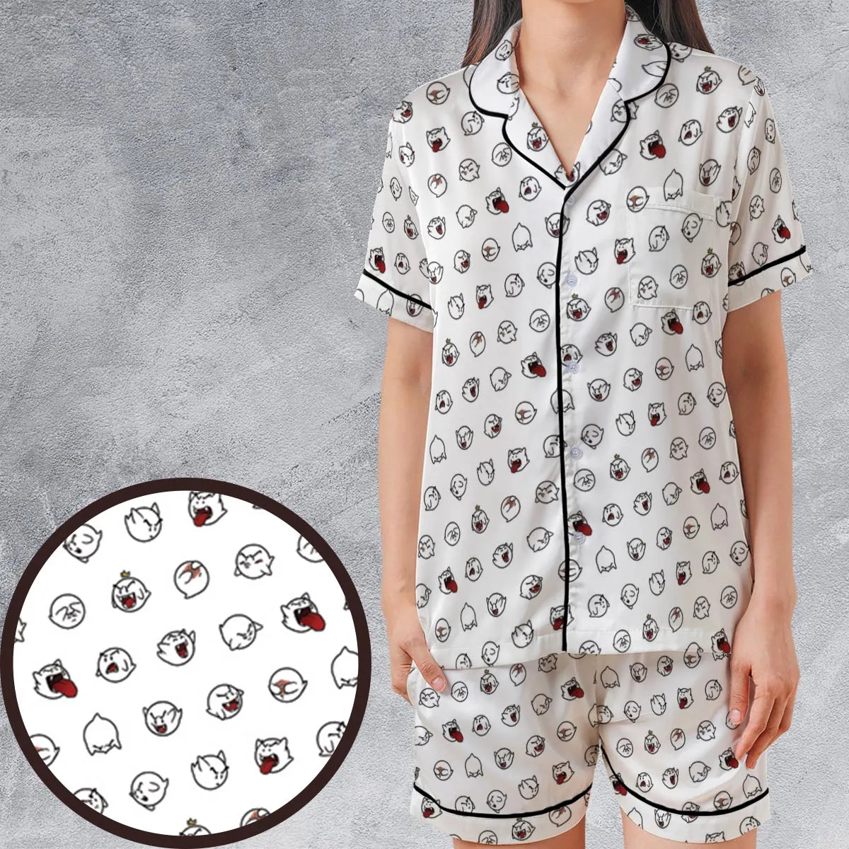 Super Mario Boo Pattern Satin Short-Sleeve Pajamas Set