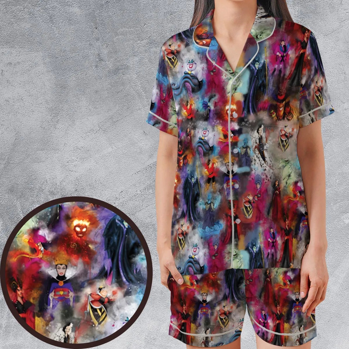 Watercolor Villains Satin Short-Sleeve Pajamas Set