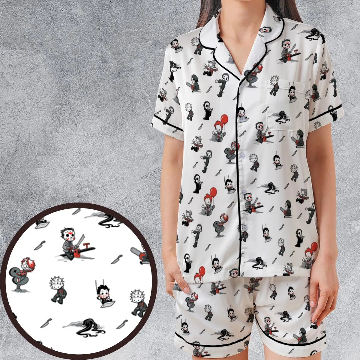 Baby Horror Characters Pattern Satin Short-Sleeve Pajamas Set