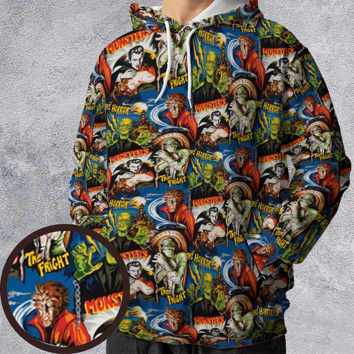 The Horror The Fright Dracula Frankenstein The Wolfman Monster Universal Pattern All-over Print Hoodie