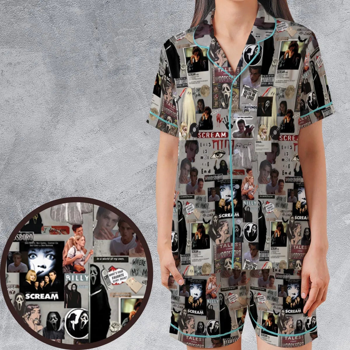 Crime Scene Scream Aesthetic Pattern Satin Short-Sleeve Pajamas Set