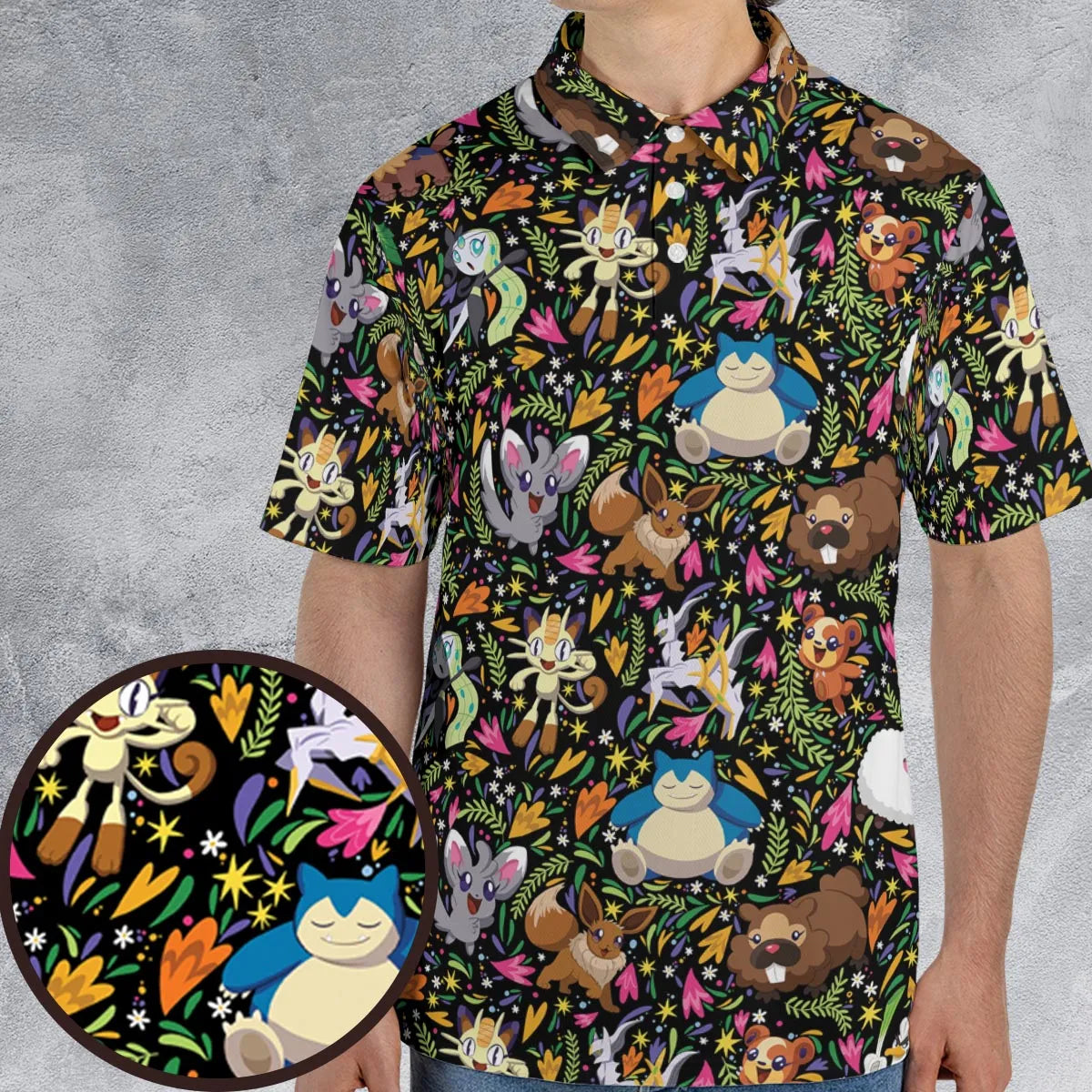 Floral Snorlax Bidoof Eevee Meloetta Pokemon AOP Men/Women Polo Shirt
