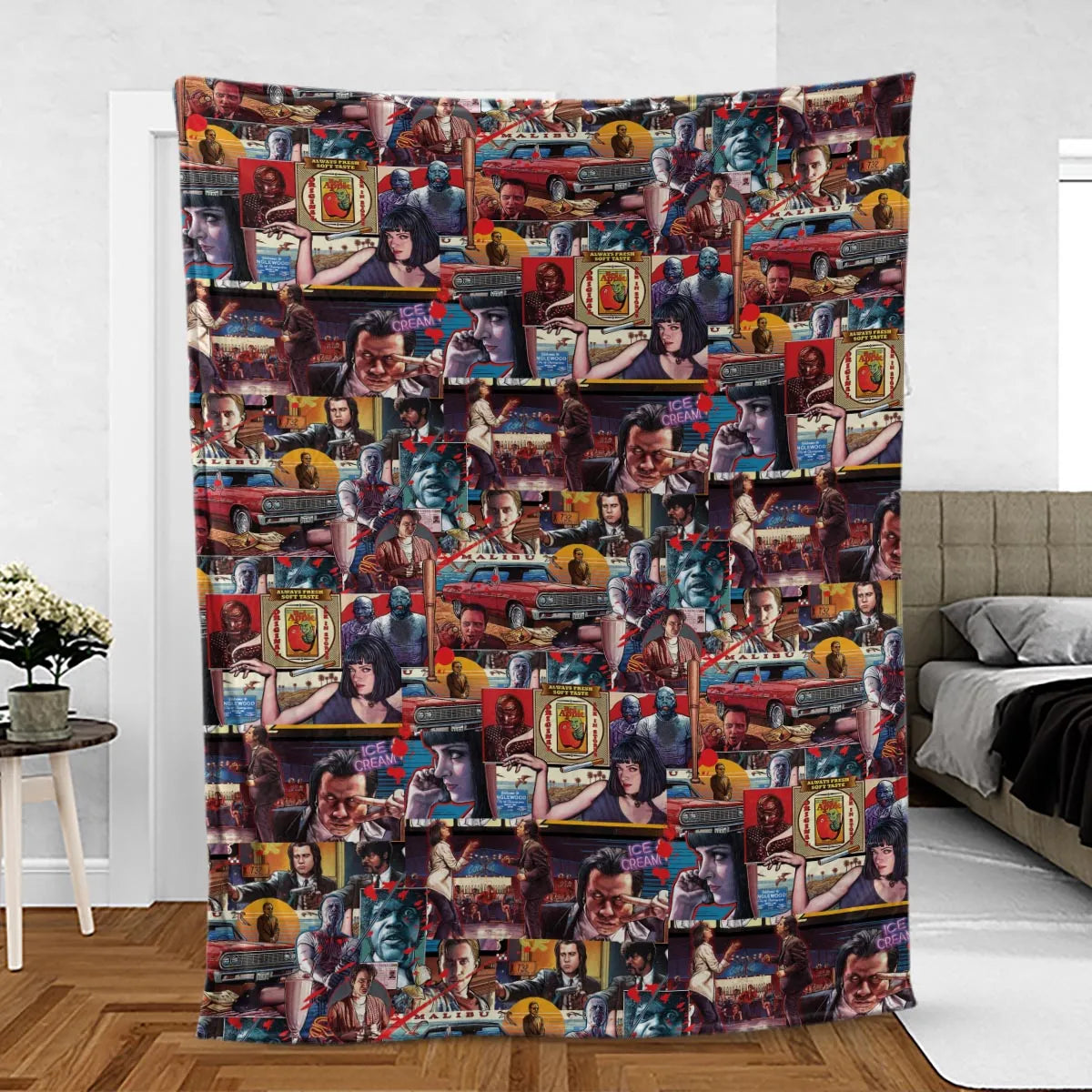Retro Scenes Mia Wallace Vincent Vega Jules Winnfields Pulp Fiction Fleece Blanket
