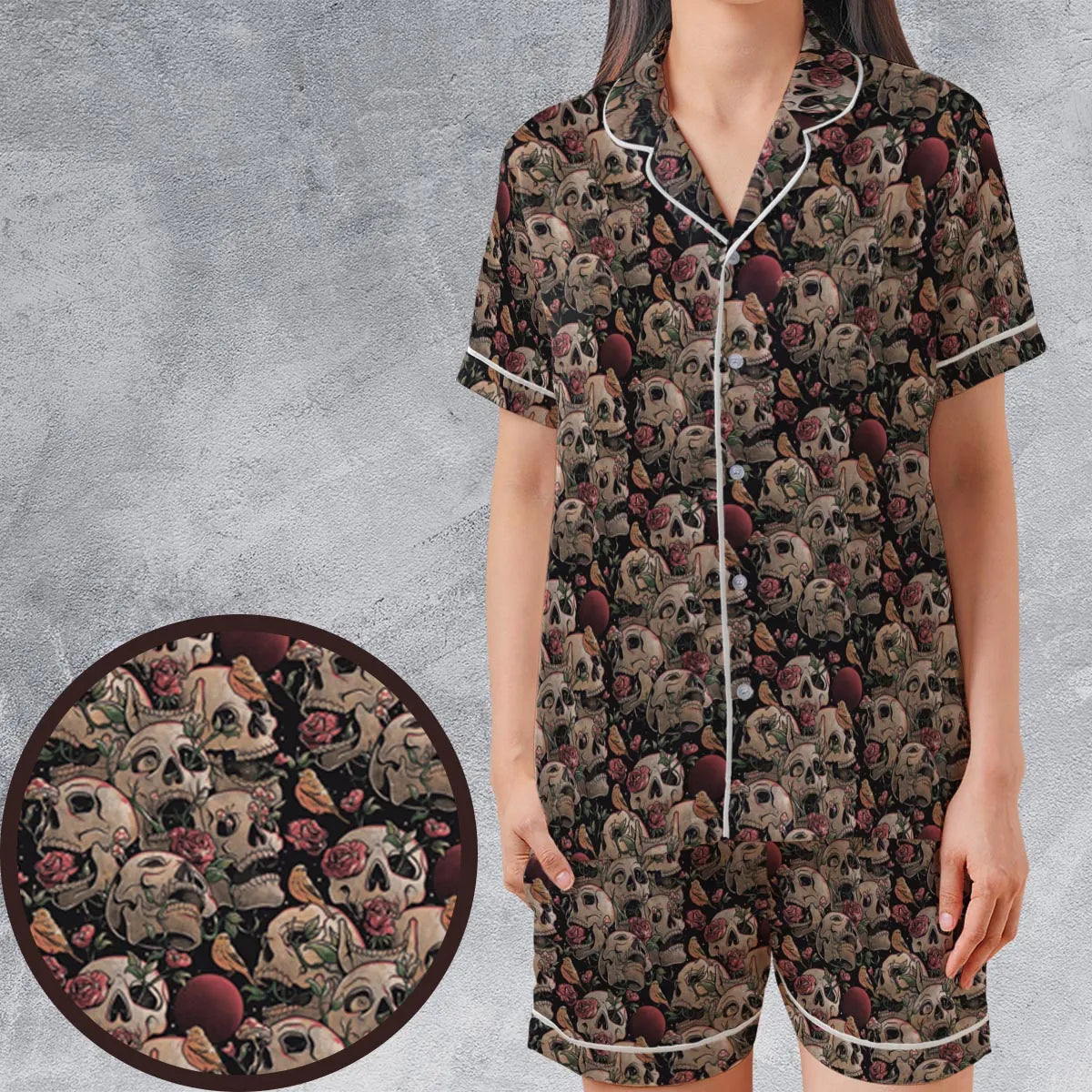 Life Grows Through Death Skull Satin Short-Sleeve Pajamas Set