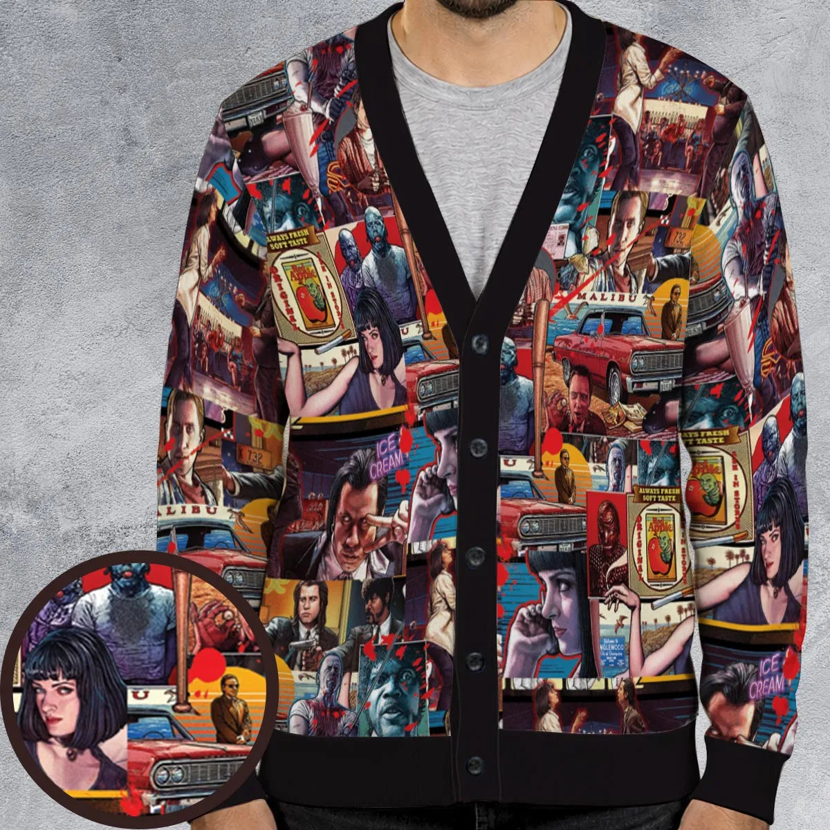 Retro Scenes Mia Wallace Vincent Vega Jules Winnfields Pulp Fiction Cardigan
