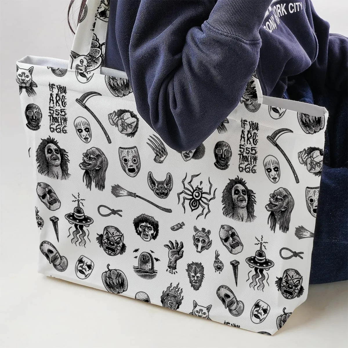 Cult Horror Characters Cryptkeeper Beetlejuice Chucky Fears of a clown Large Tote Bag