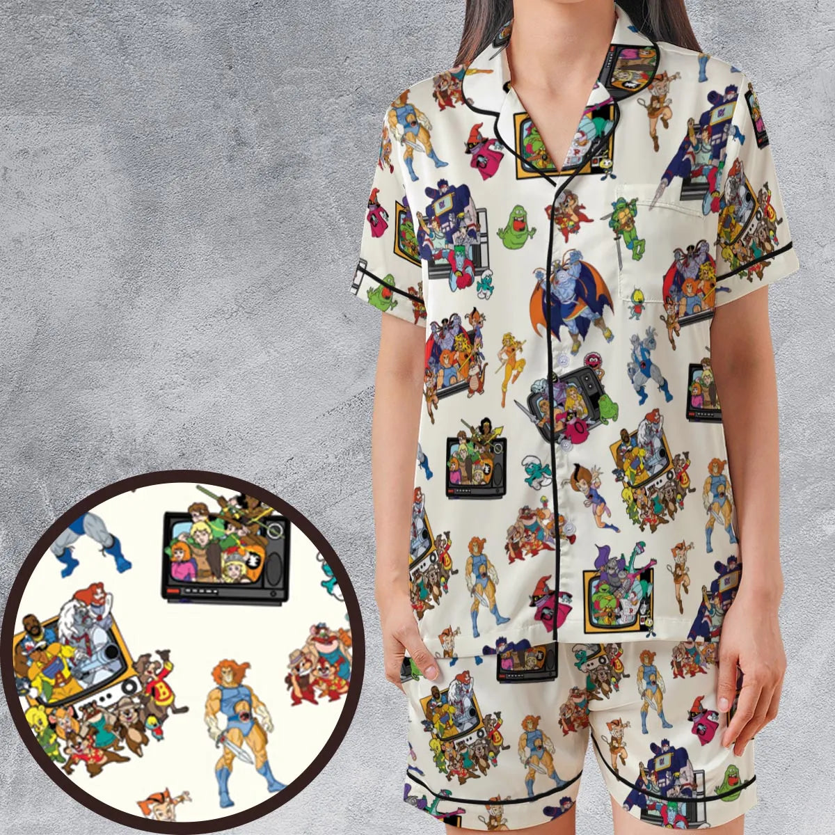 80s Famous Cartoon Characters Pattern Satin Short-Sleeve Pajamas Set