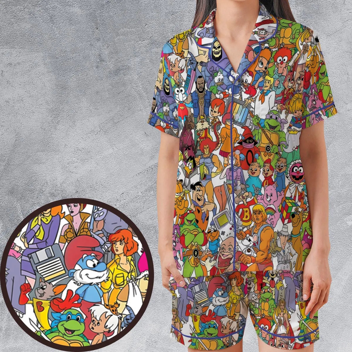 90s Cartoon Legends Satin Short-Sleeve Pajamas Set