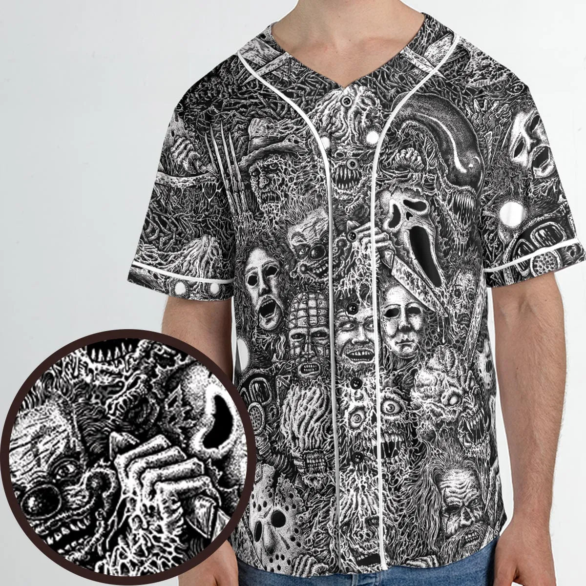Horror Movie Assemblage Ghostface Xenomorph Pinhead Freddy Michael Myers Unisex Baseball Jersey