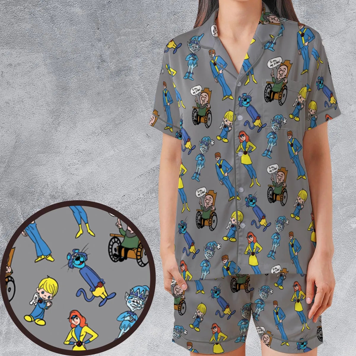 70s Saturday Morning Superhero Cartoon Satin Short-Sleeve Pajamas Set