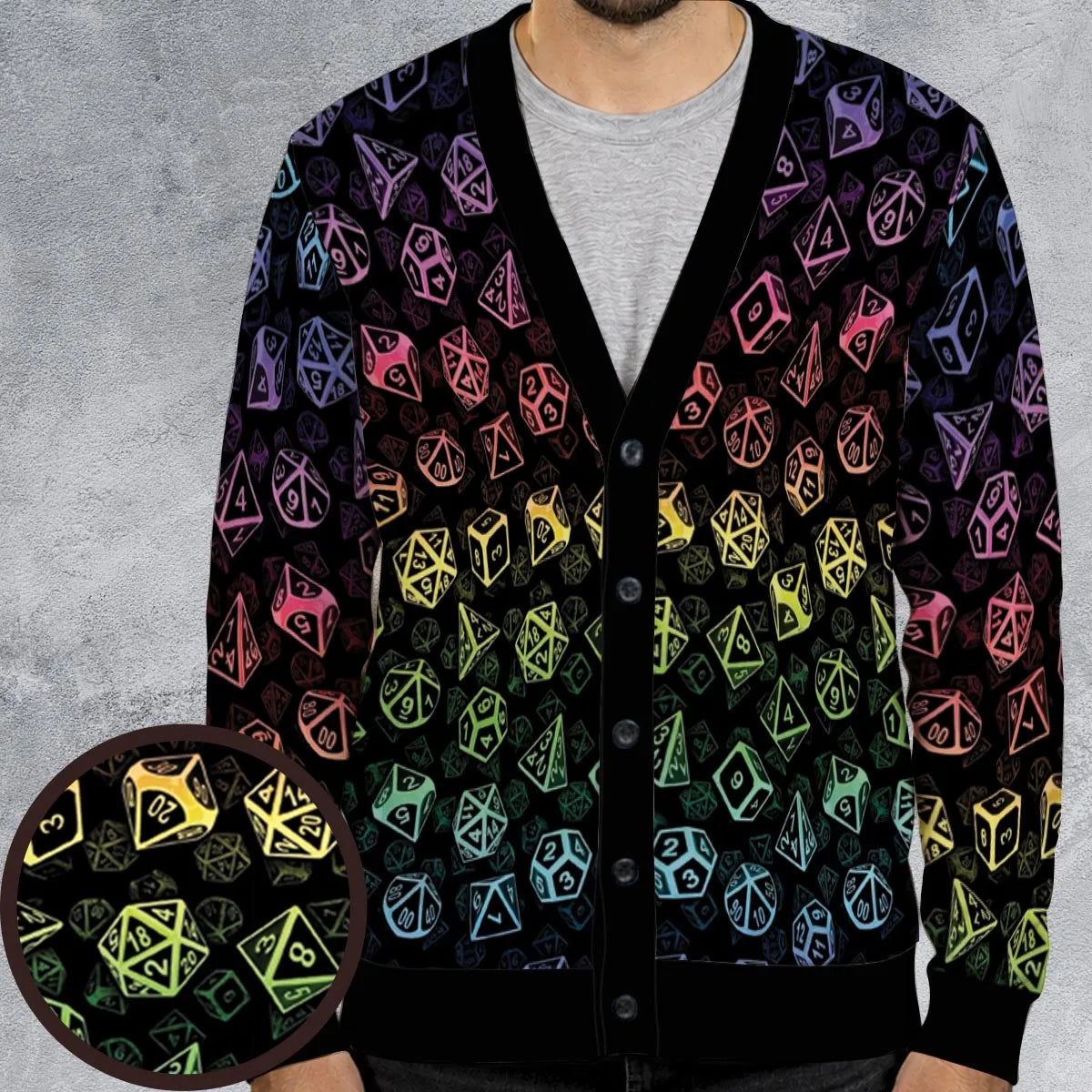 DnD Rainbow Dice Set Pattern Cardigan
