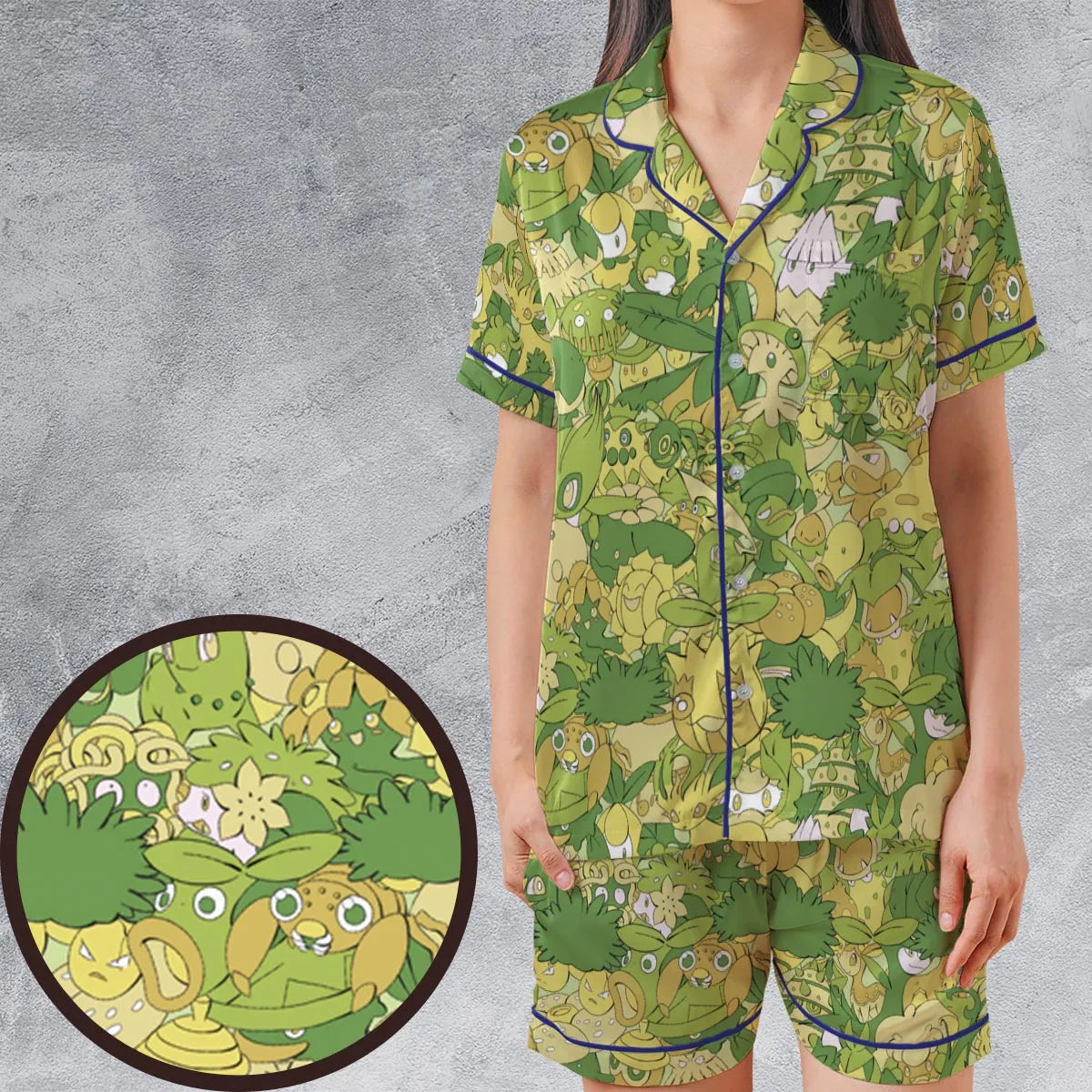 Grass Pokemon Pattern Satin Short-Sleeve Pajamas Set