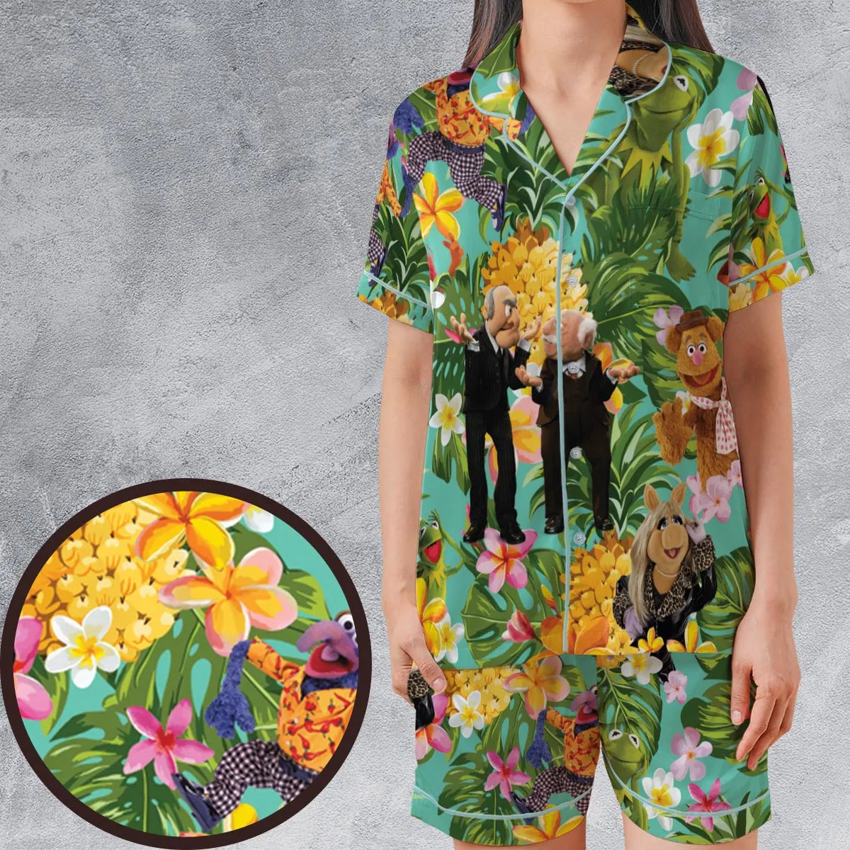 Statler And Waldorf Muppets Tropical Satin Short-Sleeve Pajamas Set