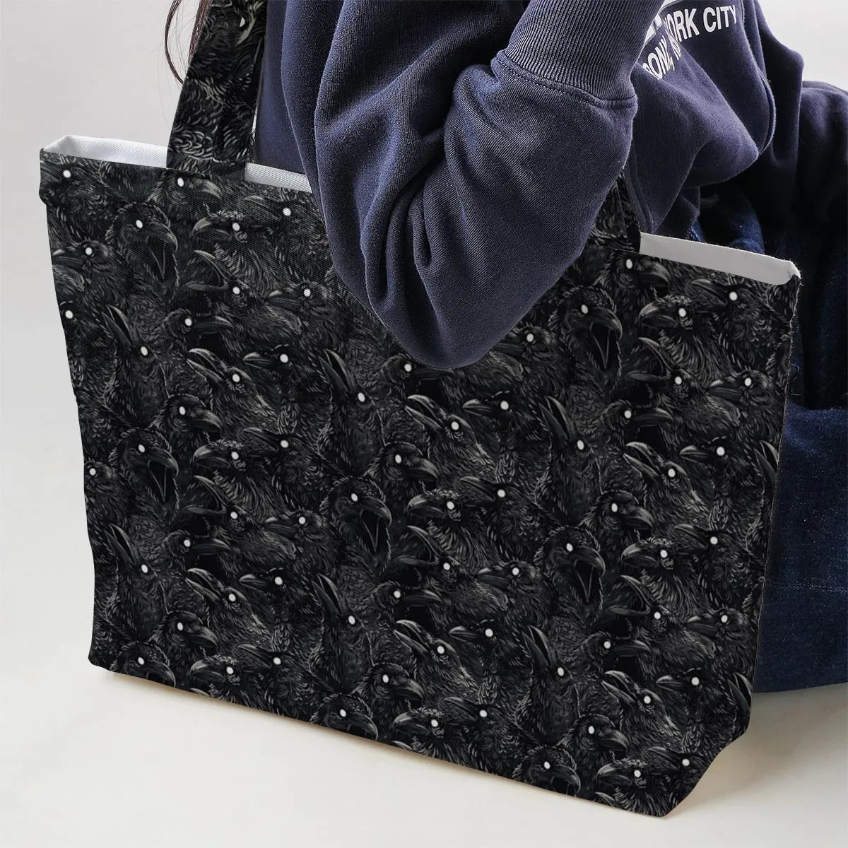 Black Raven Pattern Large Tote Bag