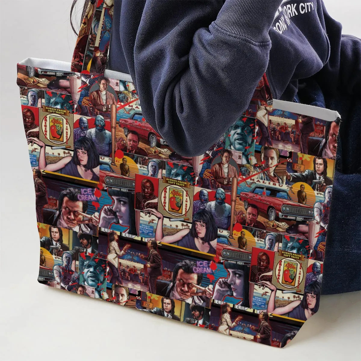 Retro Scenes Mia Wallace Vincent Vega Jules Winnfields Pulp Fiction Large Tote Bag