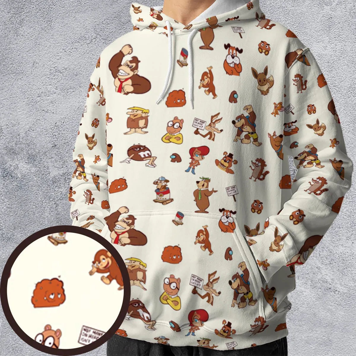 Famous Cartoon Characters in Brown All-over Print Hoodie