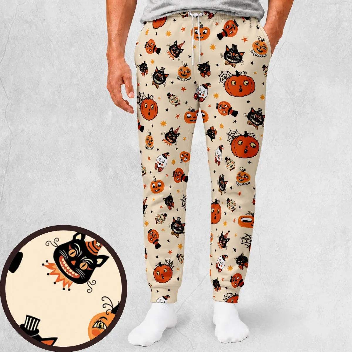 Vintage Halloween Cat Pumpkin Moon Spooky Traditional Owl Ghost  Sweatpants