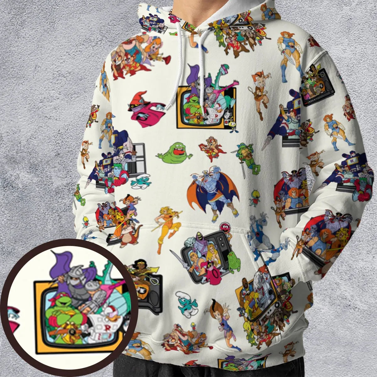 80s Famous Cartoon Characters Pattern All-over Print Hoodie