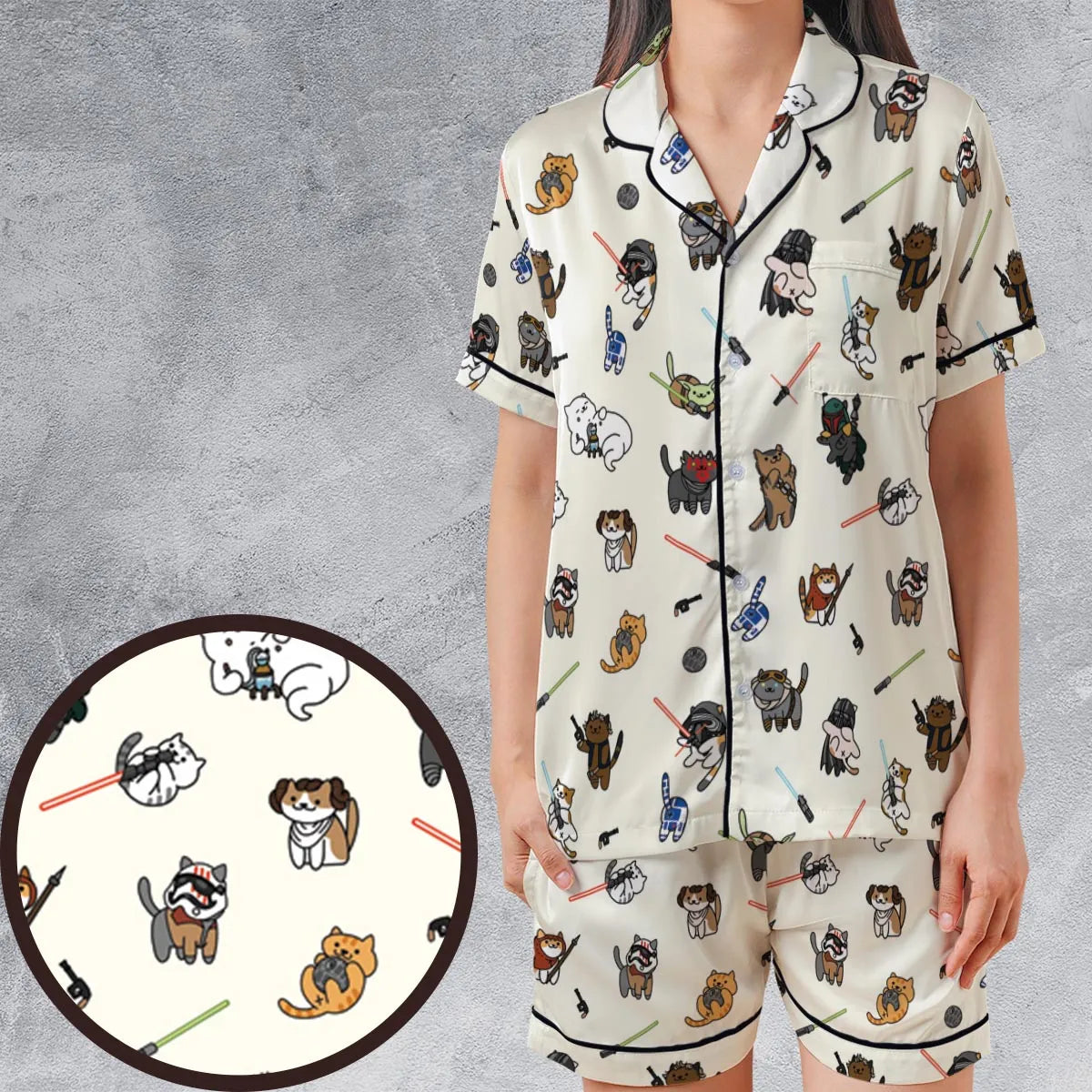 Star Wars Characters As Cats Satin Short-Sleeve Pajamas Set