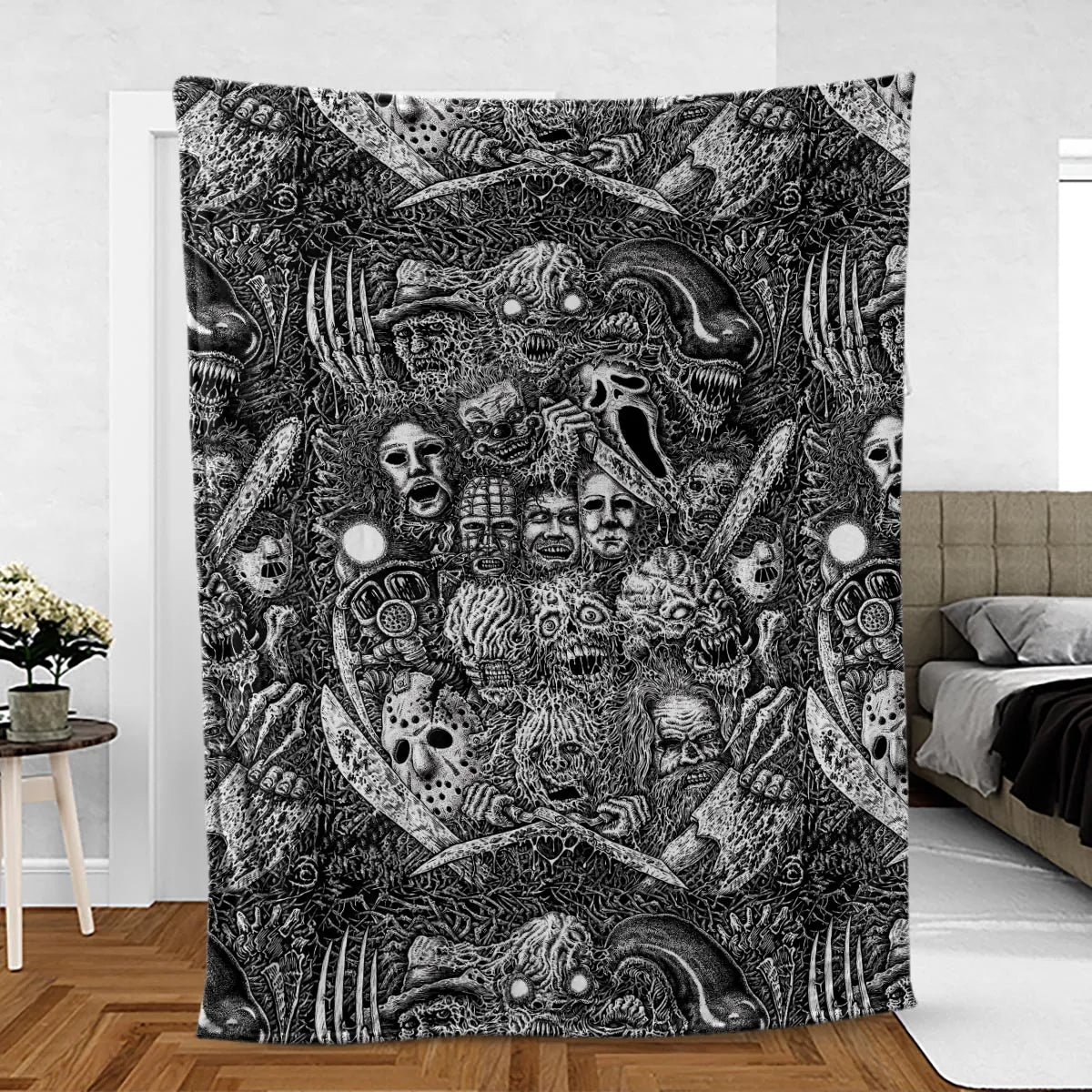 Horror Movie Assemblage Ghostface Xenomorph Pinhead Freddy Michael Myers Fleece Blanket