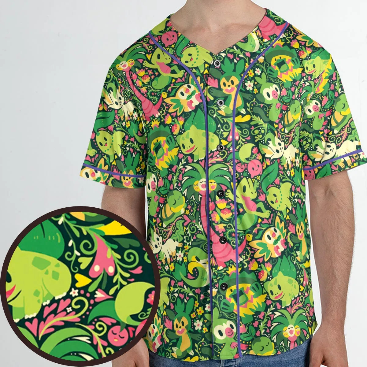 Grass Type Pokemon Pattern Unisex Baseball Jersey