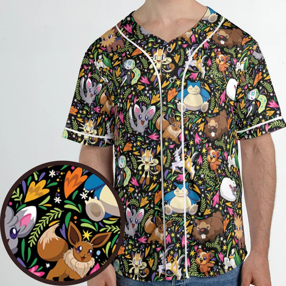 Floral Snorlax Bidoof Eevee Meloetta Pokemon Unisex Baseball Jersey