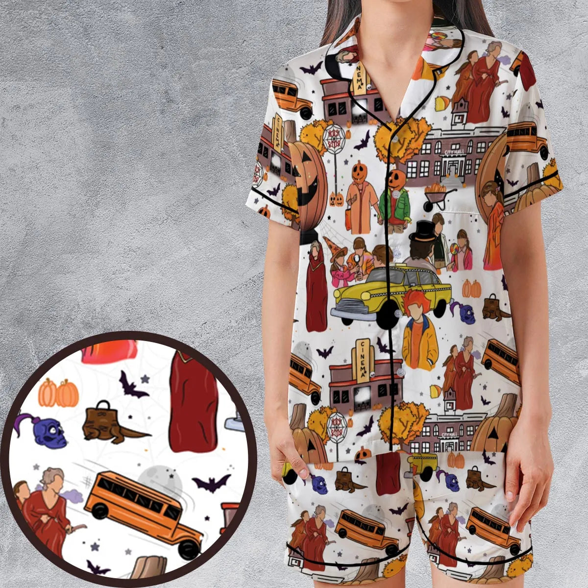 Fall Season Halloweentown Satin Short-Sleeve Pajamas Set