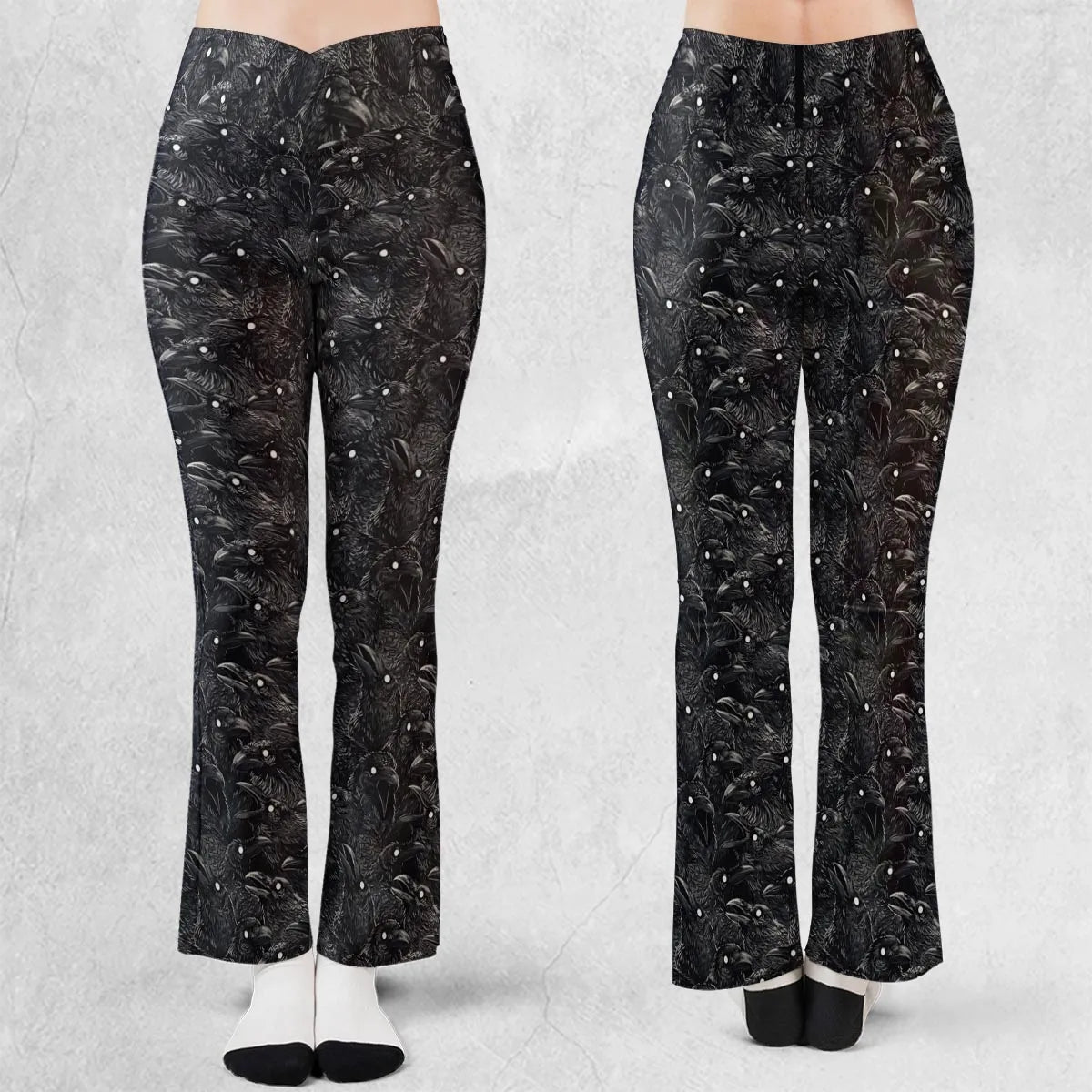 Black Raven Pattern Flare Leggings