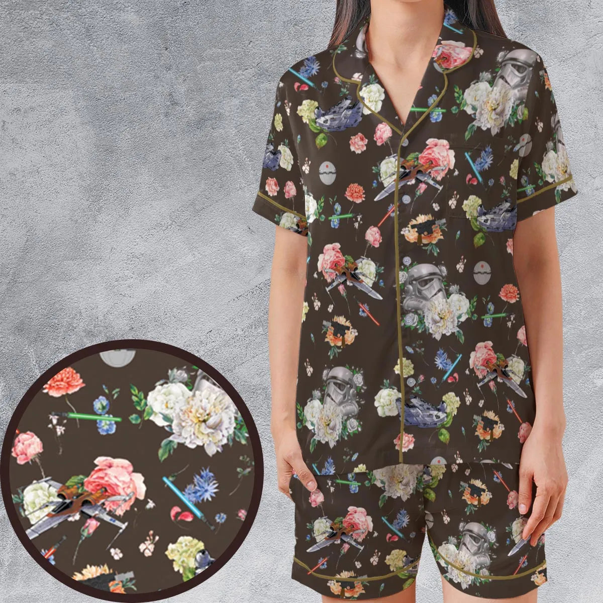 Stormtrooper Flower Vintage Pattern Satin Short-Sleeve Pajamas Set