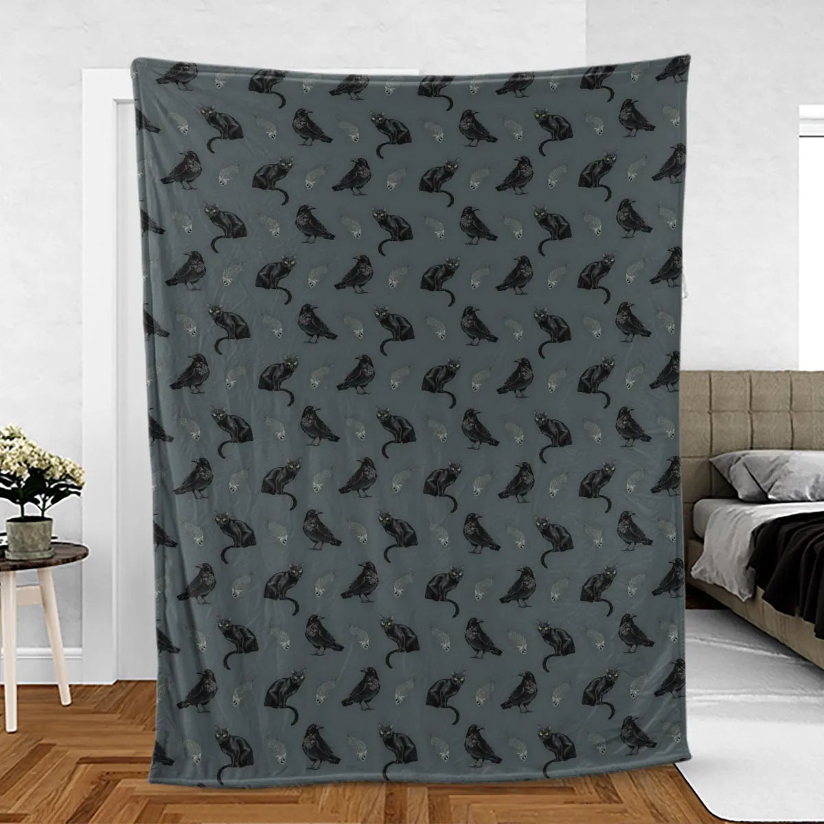 Cat and Raven Edgar Allan Poe Pattern Fleece Blanket
