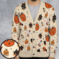 Vintage Halloween Cat Pumpkin Moon Spooky Traditional Owl Ghost  Cardigan