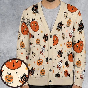 Vintage Halloween Cat Pumpkin Moon Spooky Traditional Owl Ghost  Cardigan