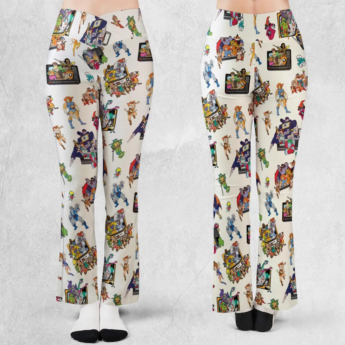 80s Famous Cartoon Characters Pattern Flare Leggings