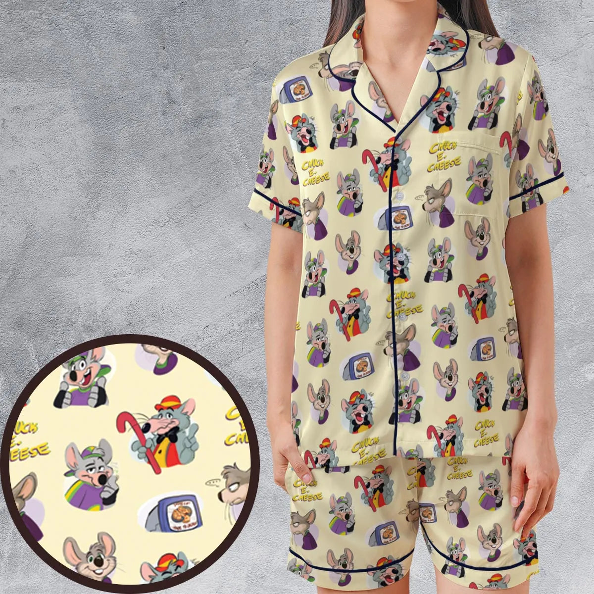 Chuck E. Cheese Pattern Satin Short-Sleeve Pajamas Set