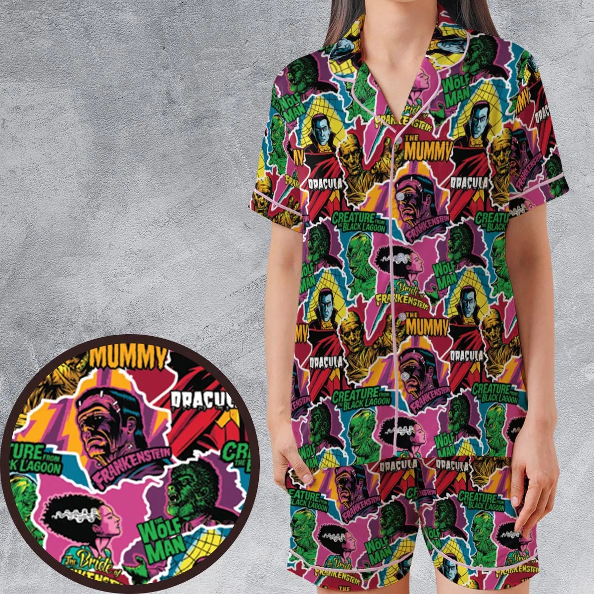 Monsters Pop Collage Universal Monsters Satin Short-Sleeve Pajamas Set