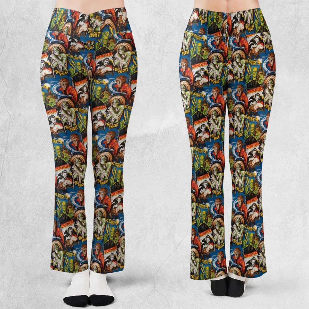 The Horror The Fright Dracula Frankenstein The Wolfman Monster Universal Pattern Flare Leggings