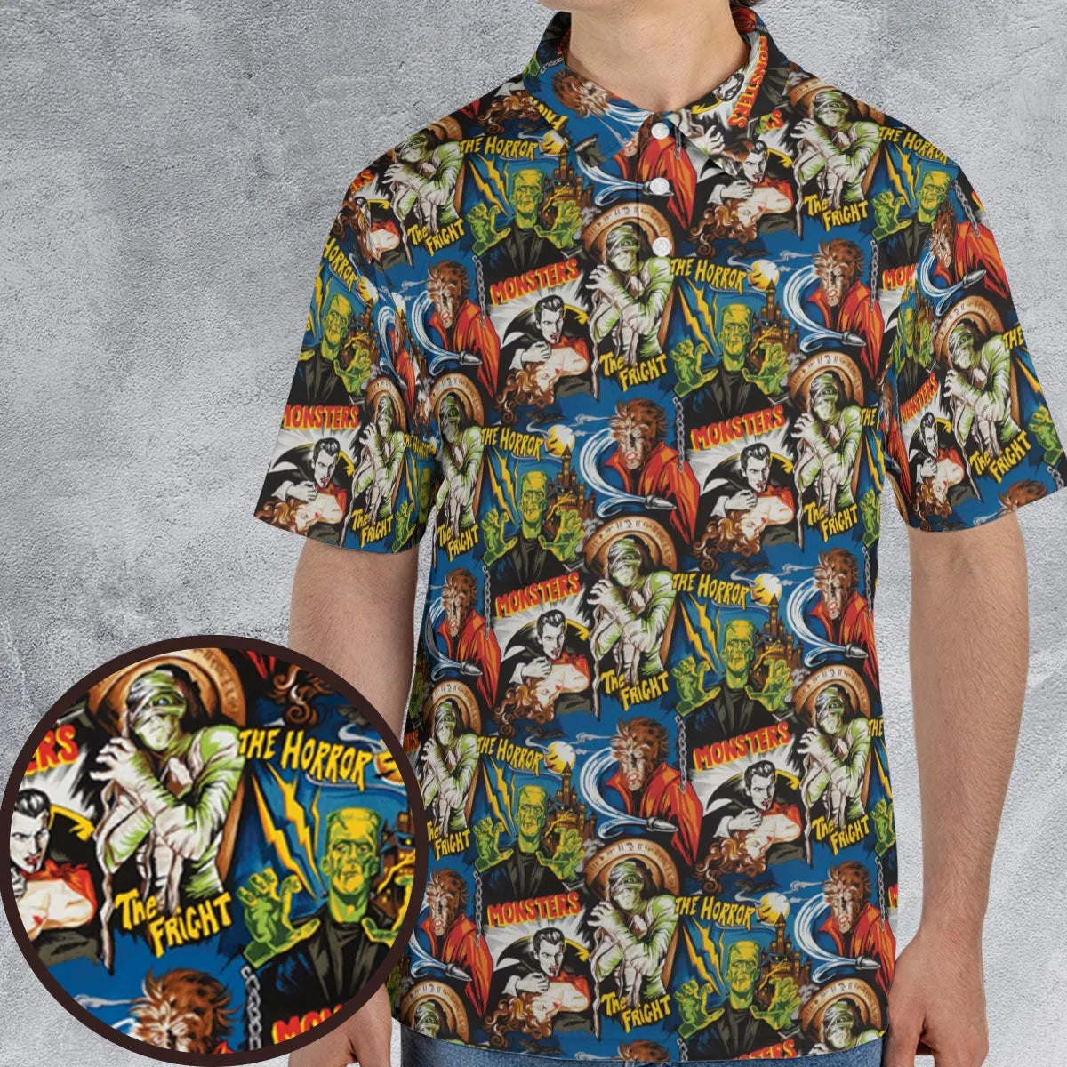 The Horror The Fright Dracula Frankenstein The Wolfman Monster Universal Pattern AOP Men/Women Polo Shirt