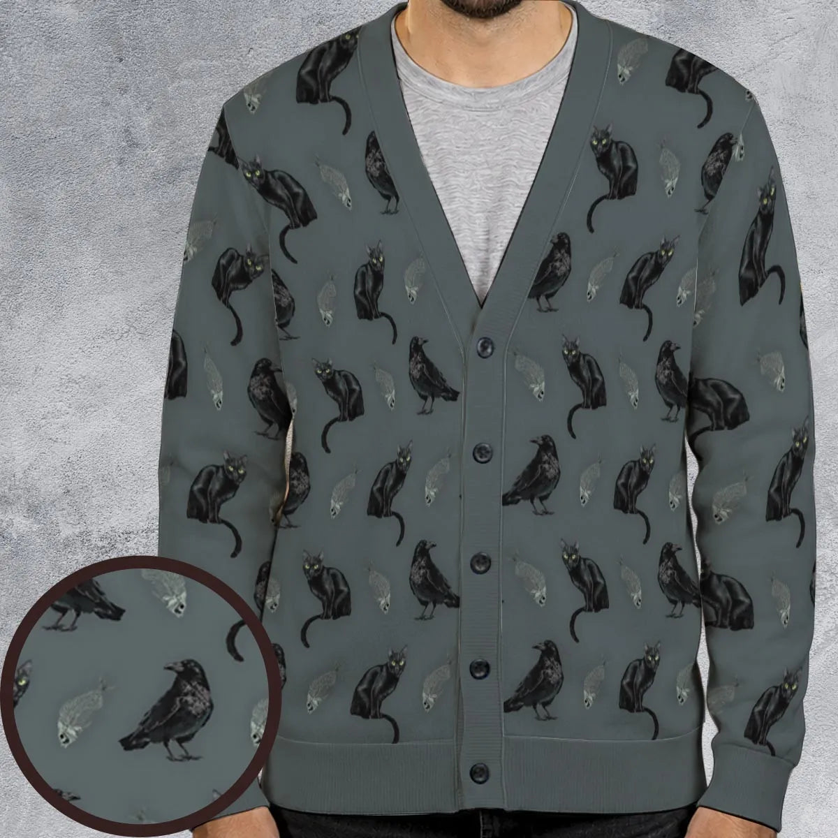 Cat and Raven Edgar Allan Poe Pattern Cardigan