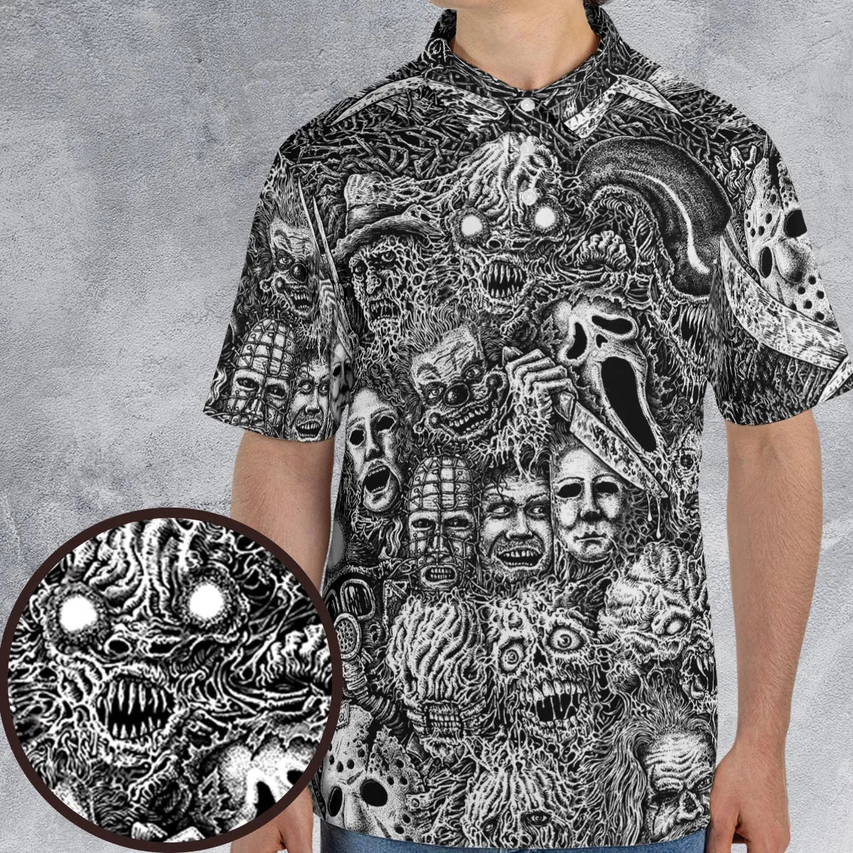 Horror Movie Assemblage Ghostface Xenomorph Pinhead Freddy Michael Myers AOP Men/Women Polo Shirt