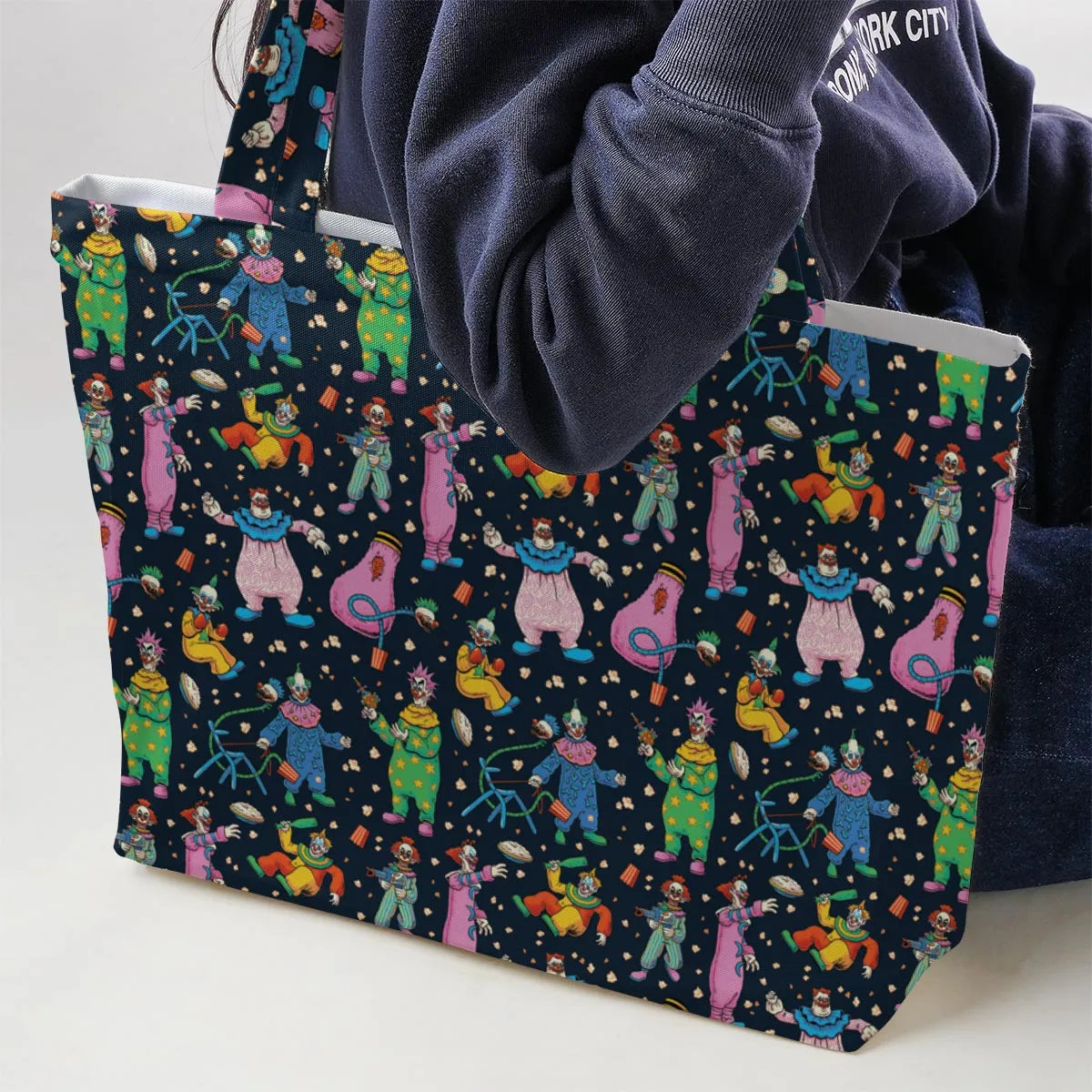 Clowns Popcorn Killer Klowns from Outer Space Pattern Large Tote Bag