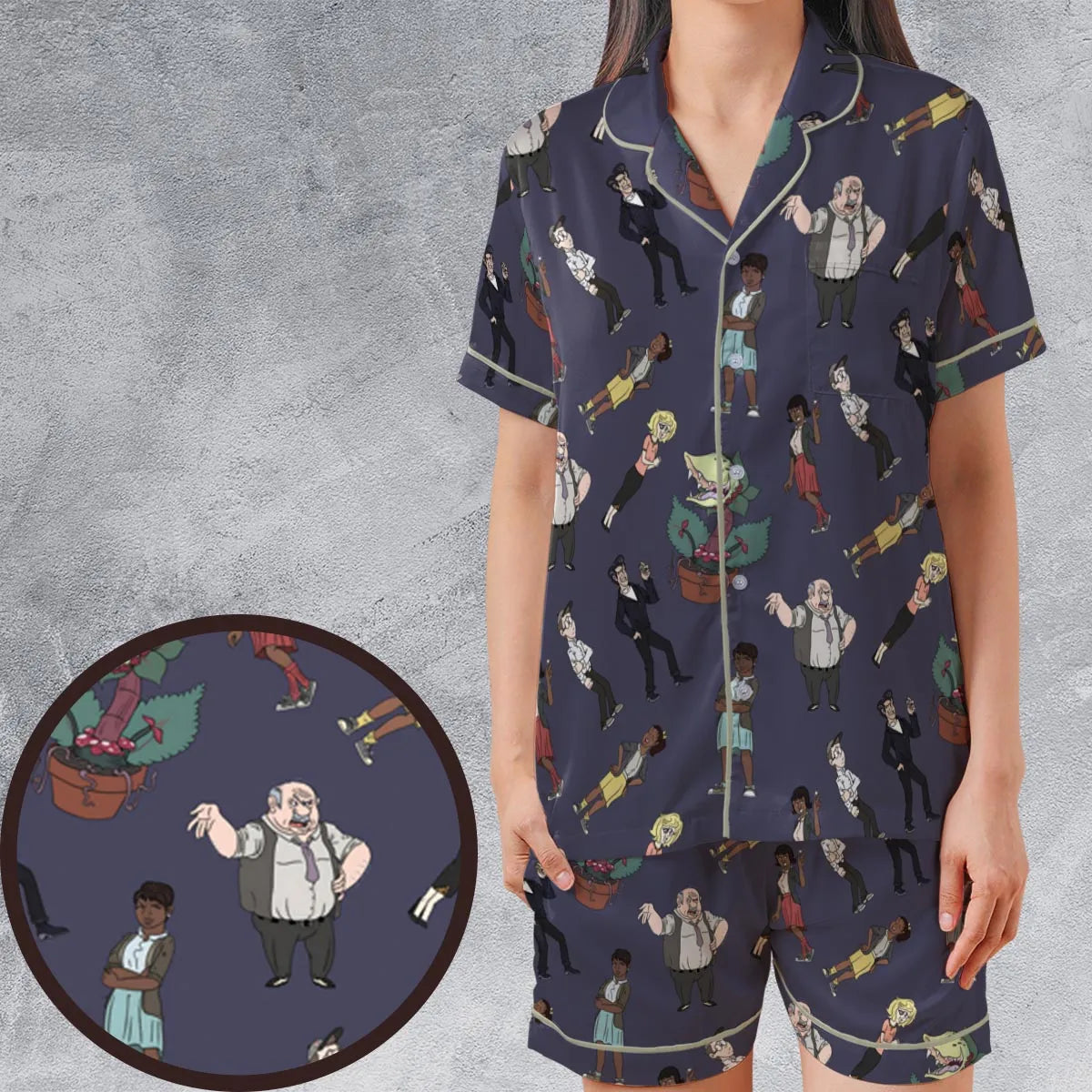 Little Shop Of Horror Characters Satin Short-Sleeve Pajamas Set