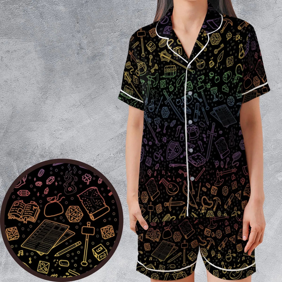 DnD Tabletop RPG Pattern Satin Short-Sleeve Pajamas Set