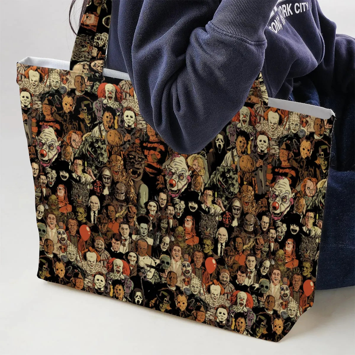 Horror Movie Characters Halloween Pattern Large Tote Bag