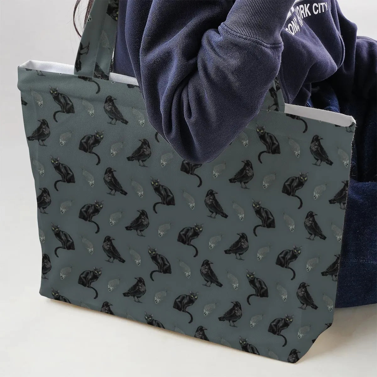 Black Cat and Raven Pattern Large Tote Bag