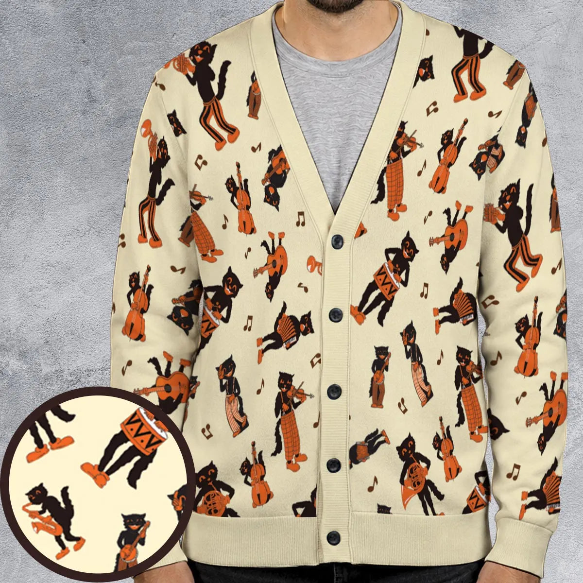 Vintage Halloween Beistle Scat Cat Band Cardigan