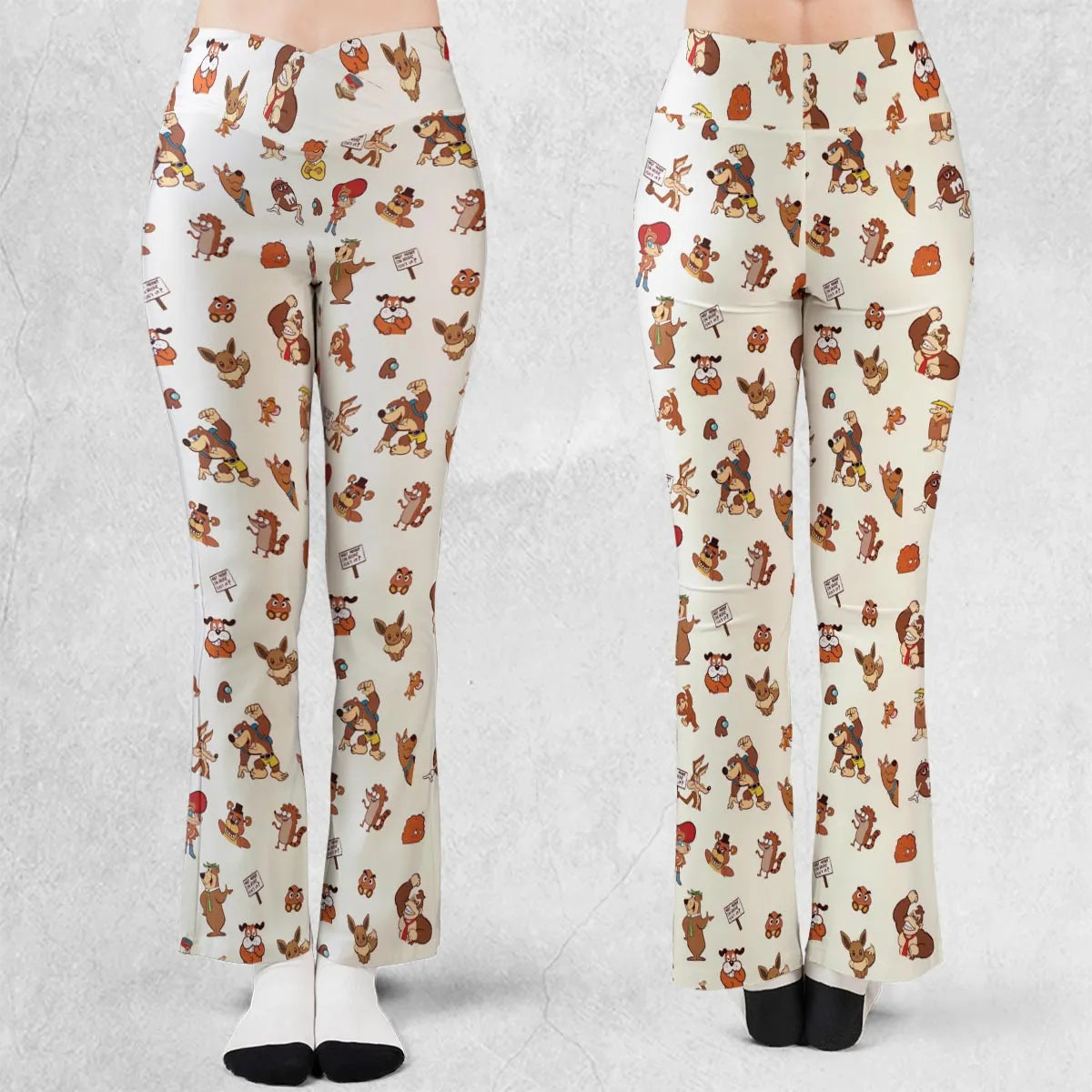 Famous Cartoon Characters in Brown Flare Leggings