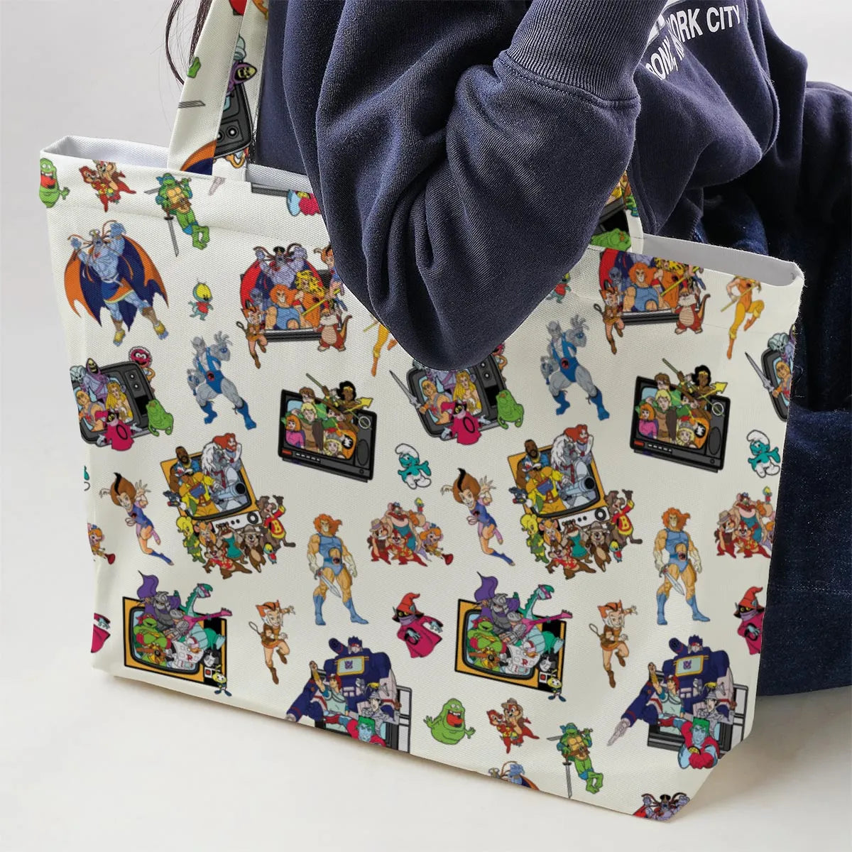 80s Famous Cartoon Characters Pattern Large Tote Bag