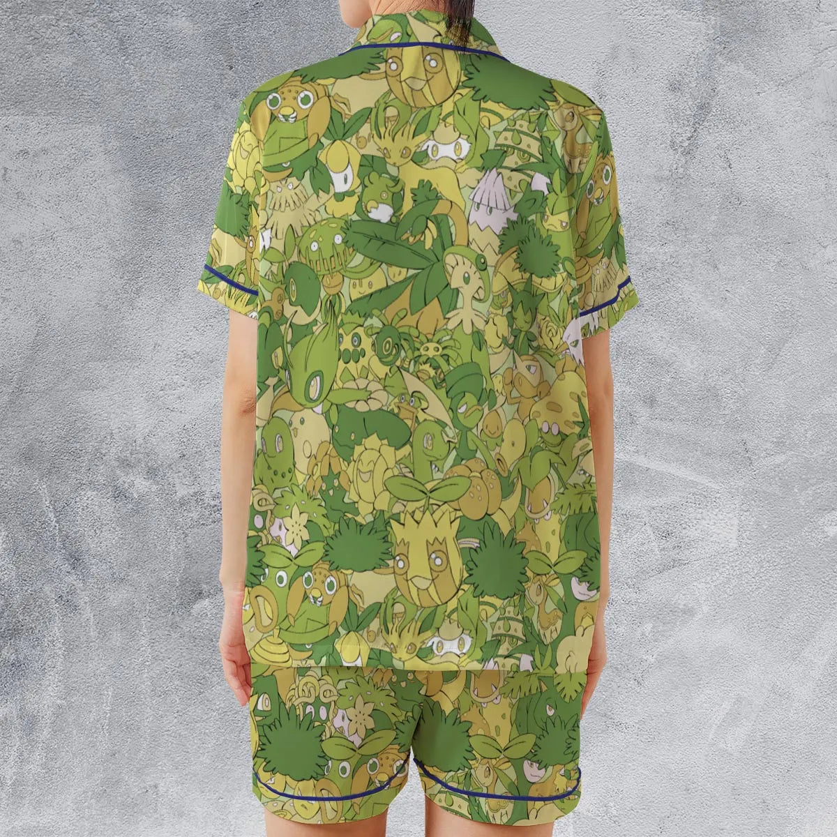 Grass Pokemon Pattern Satin Short-Sleeve Pajamas Set