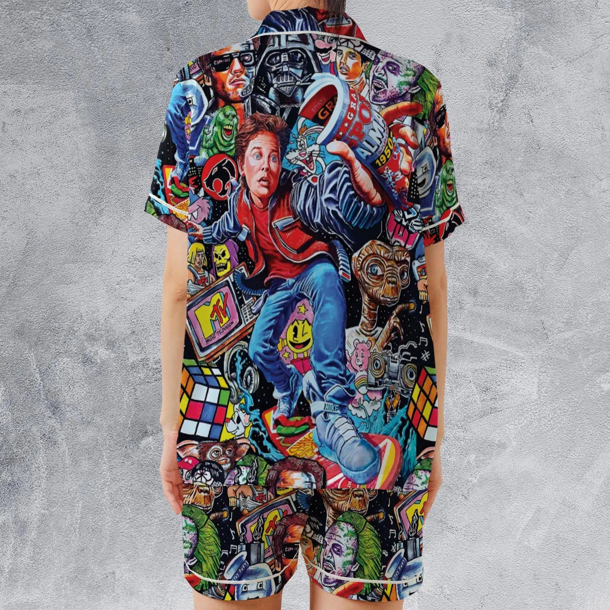 Back To The 80s Pop Culture 80s Movies Characters Satin Short-Sleeve Pajamas Set