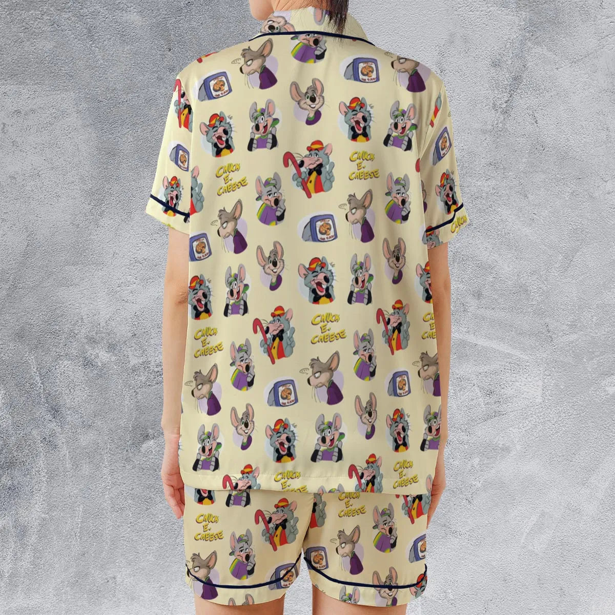 Chuck E. Cheese Pattern Satin Short-Sleeve Pajamas Set